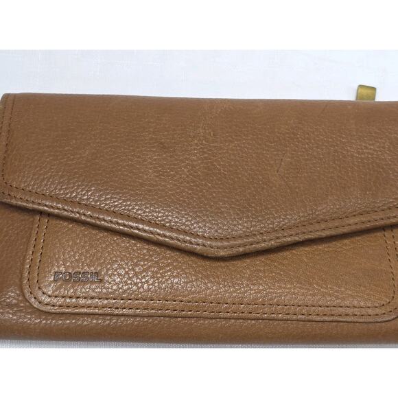 Vintage Fossil Leather Trifold Wallet Camel Brown With Checkbook Cover Slim - Picture 2 of 15